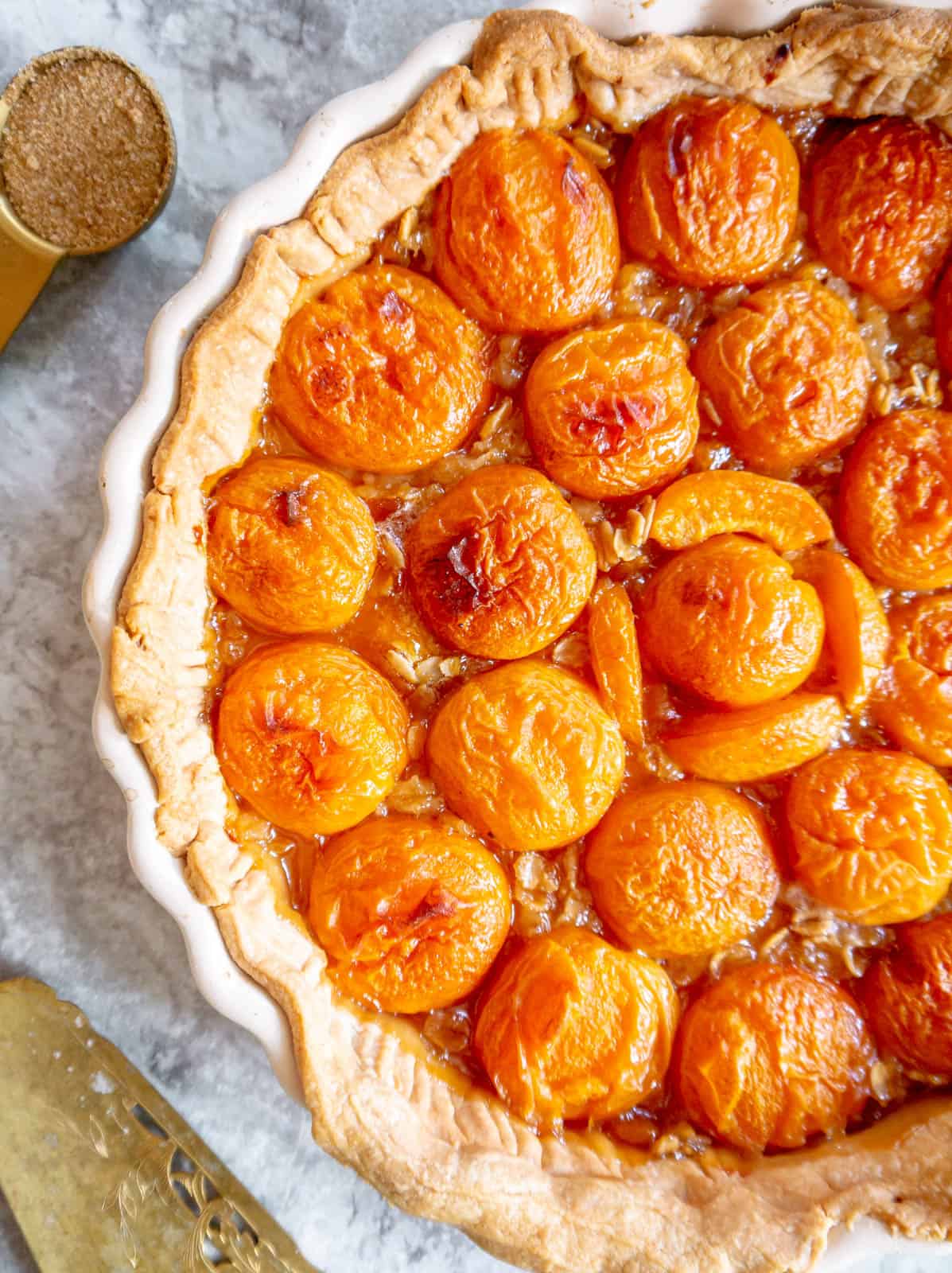 Freshly baked apricot dessert in a pan.