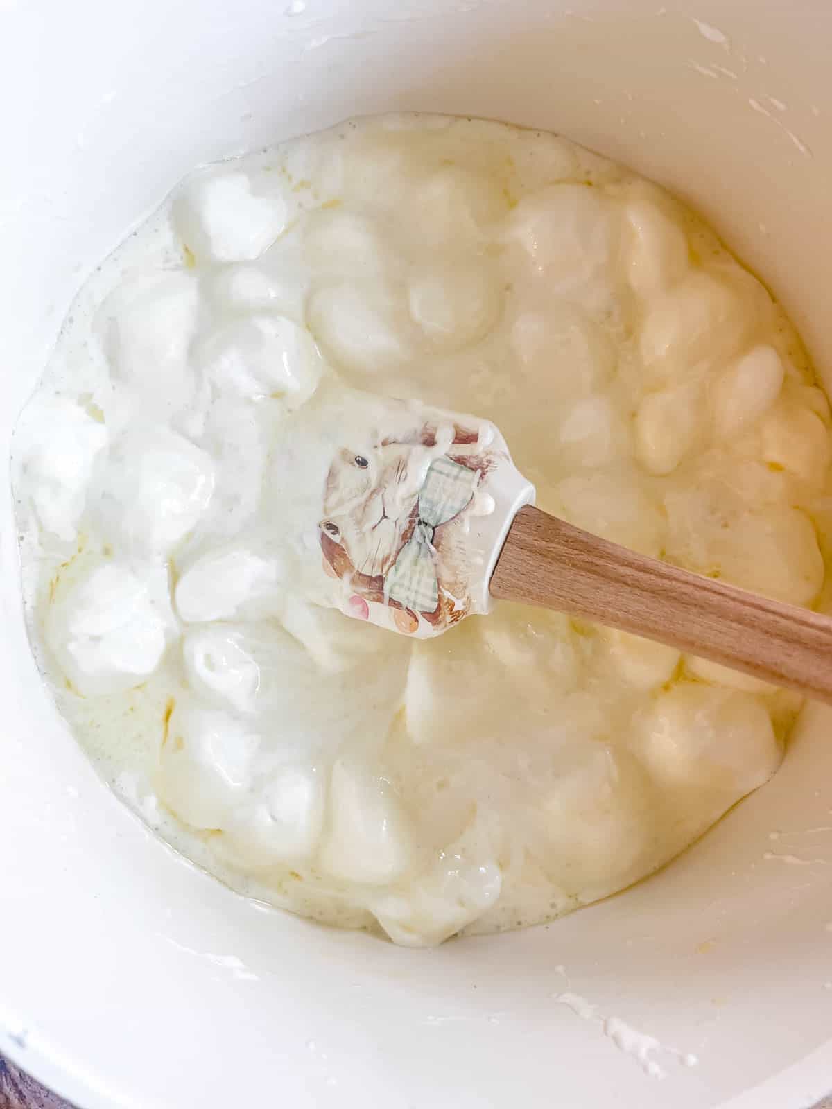 Melted marshmallows in a pan. 