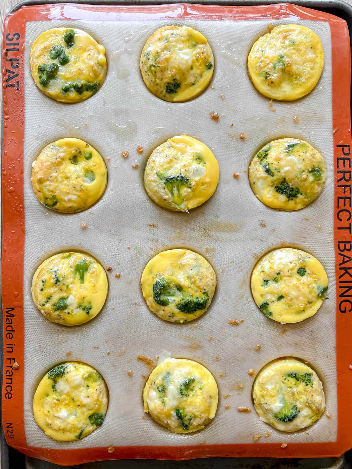 Freshly baked broccoli cheddar egg muffins in silicone tins.