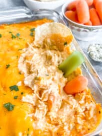 Buffalo chicken dip with canned chicken recipe with carrots and celery in the dip.