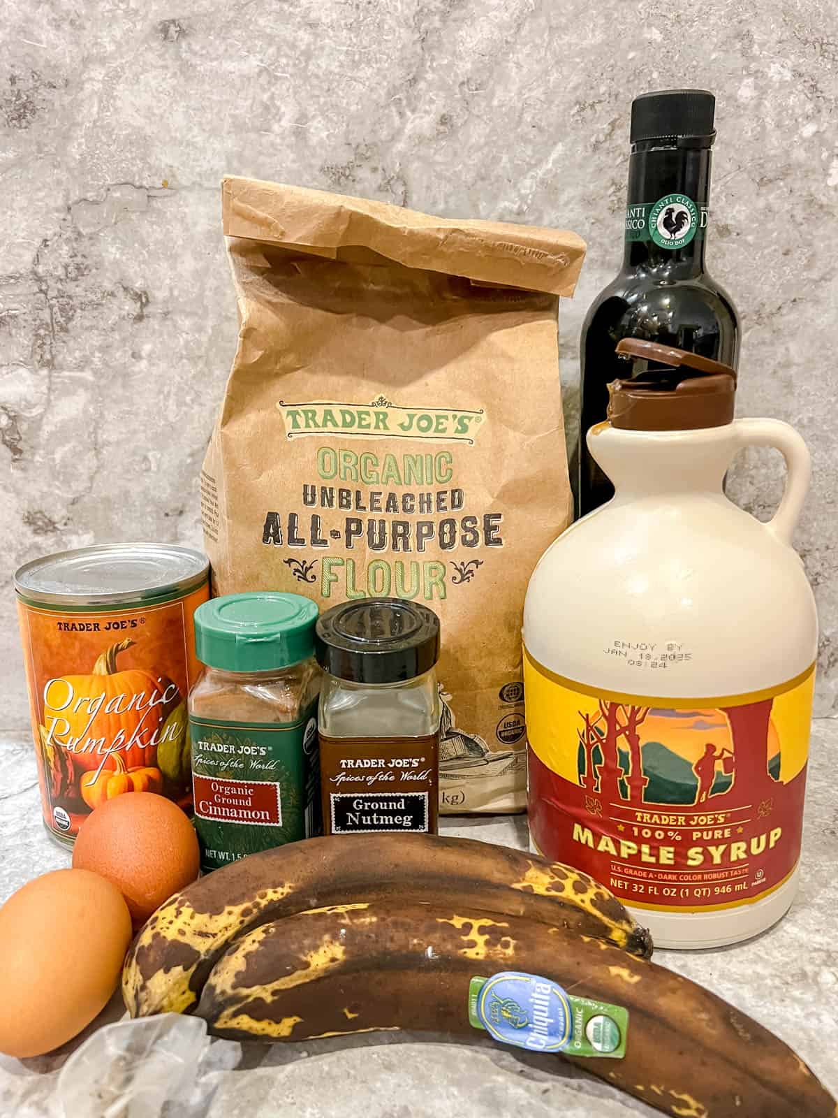 Ingredients needed to make healthy pumpkin banana bread.