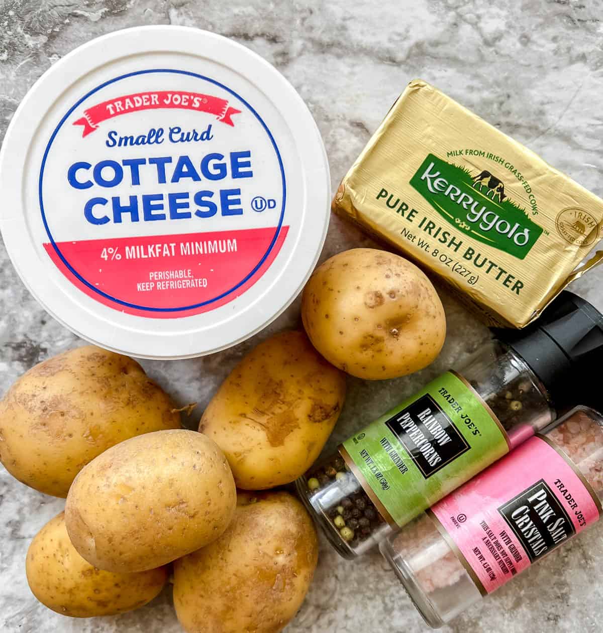 Ingredients needed for cottage cheese mashed potatoes.