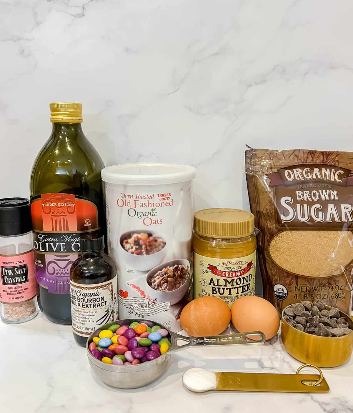 Ingredients needed for almond butter flourless monster cookies.