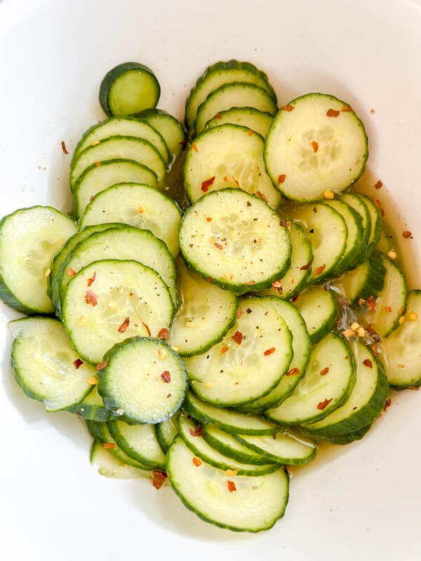 Quick Asian pickled cucumbers in a bowl.