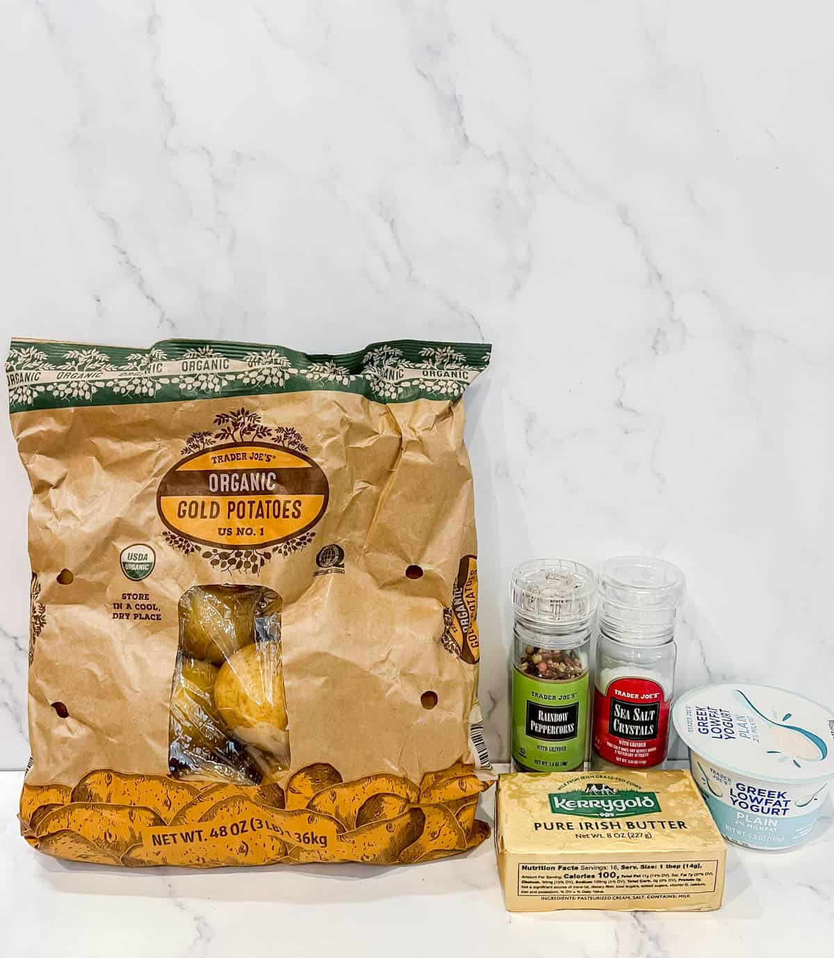Ingredients needed to make greek yogurt mashed potatoes.