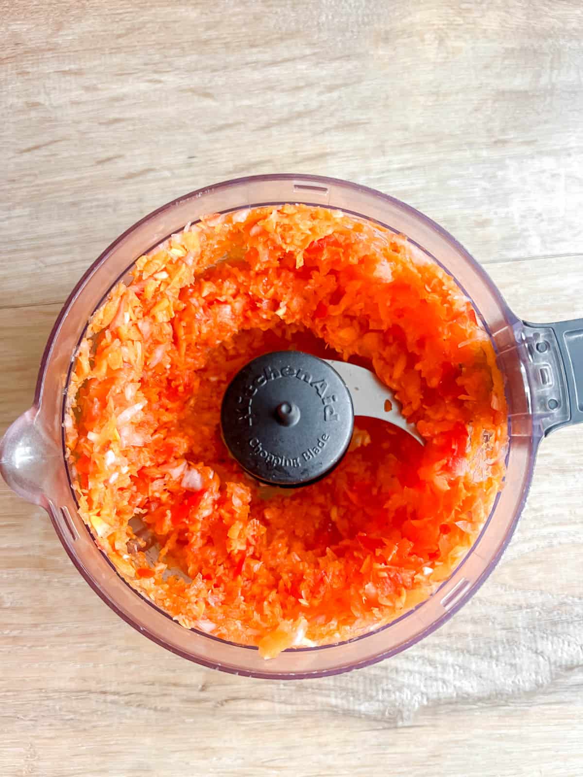 Minced veggies in a food processor.