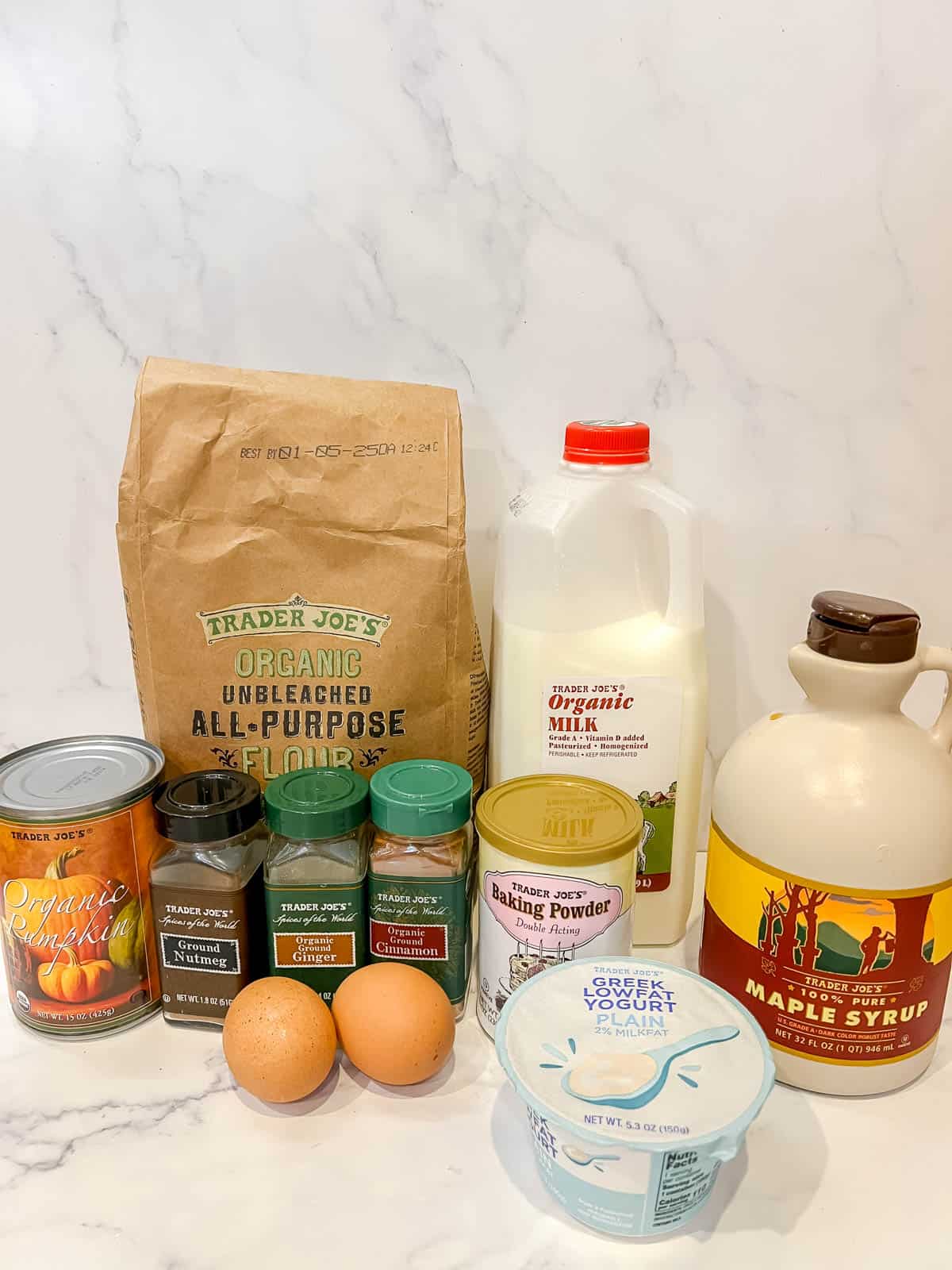 Ingredients needed to make healthy pumpkin pancakes.