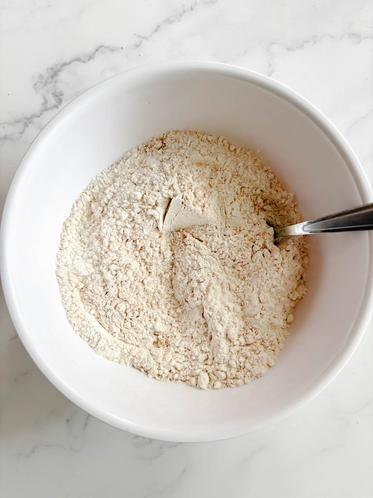 Dry ingredients for olive oil banana bread recipe.