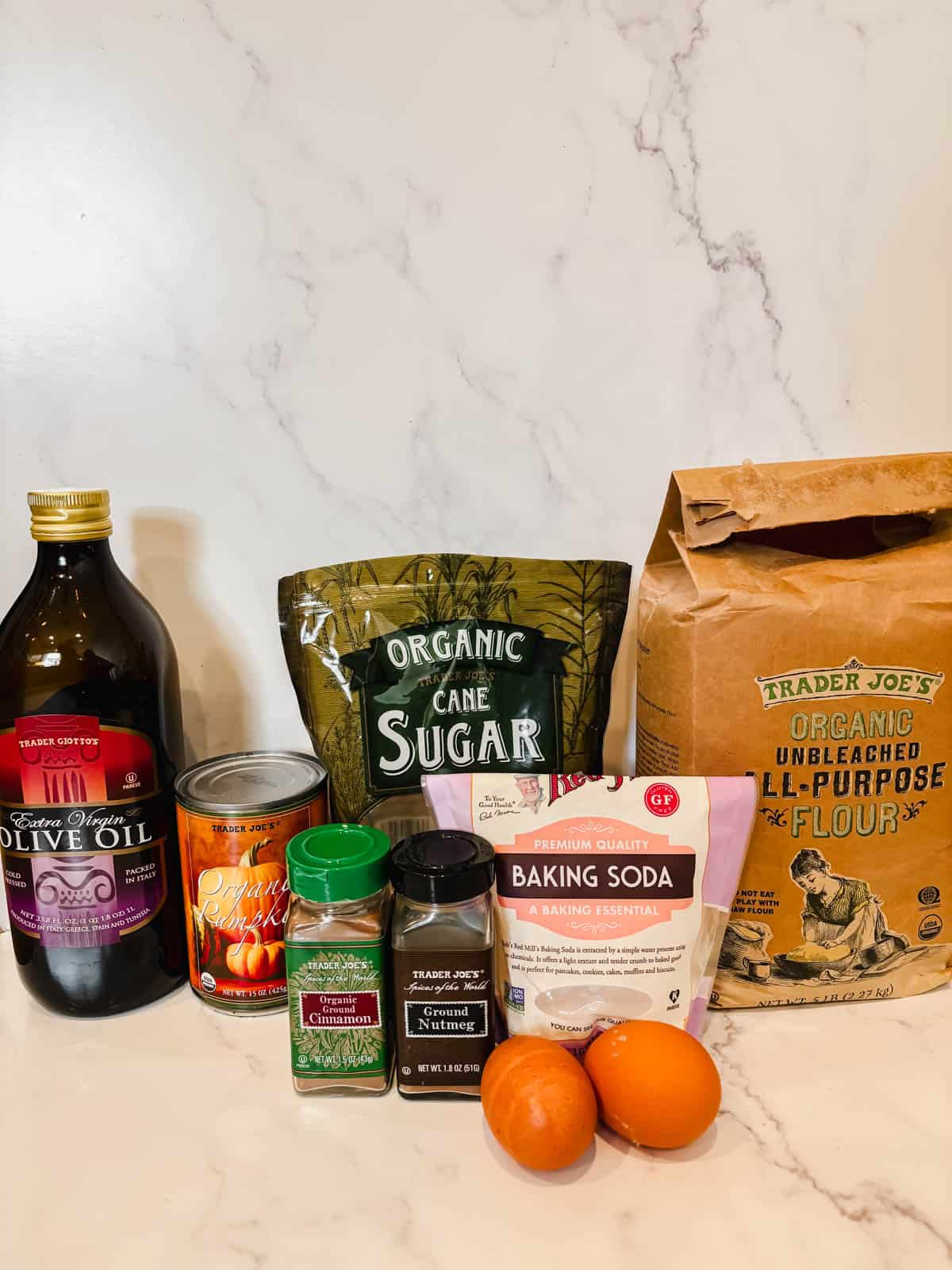 Ingredients needed to make dairy-free pumpkin bread.