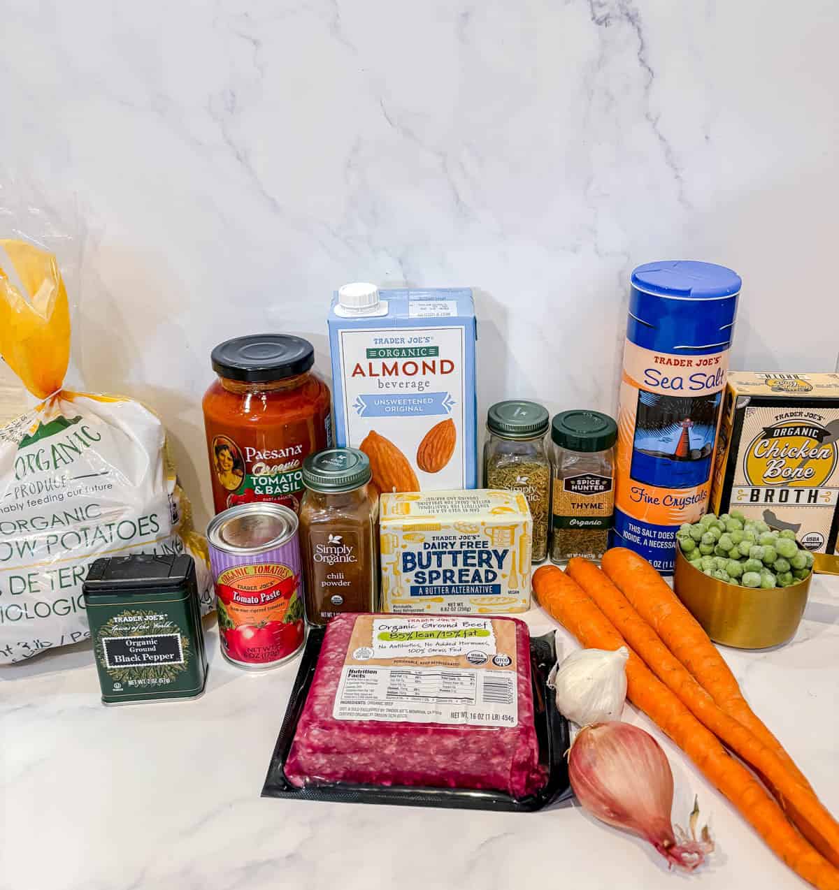 Ingredients needed to make ground beef shepherd's pie.