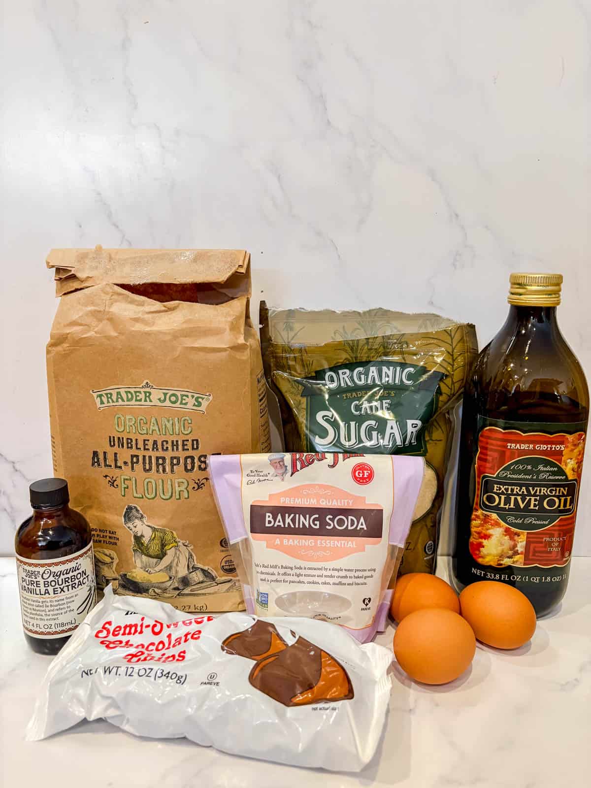 Ingredients needed to make olive oil brownies.