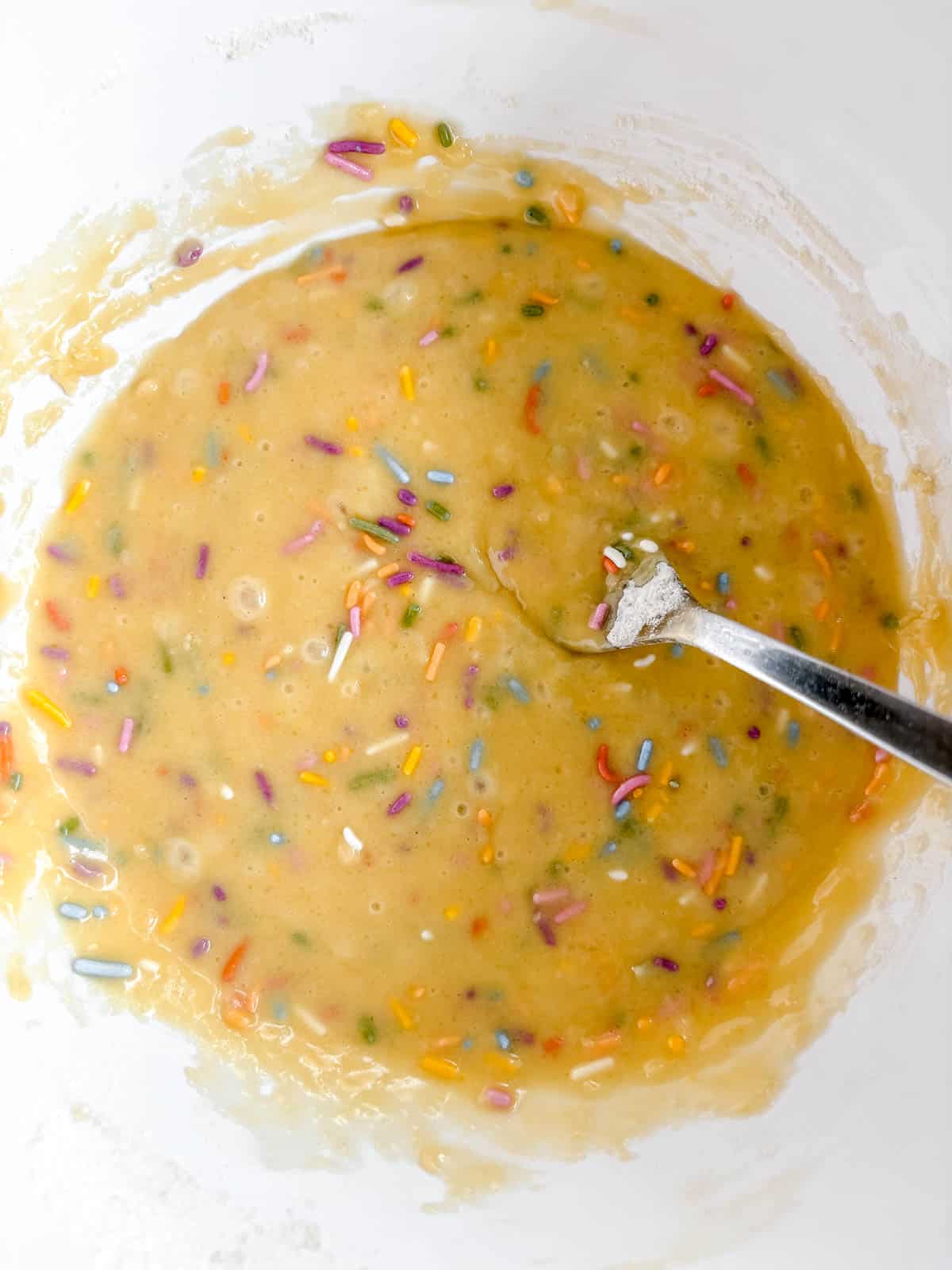 Funfetti cupcake batter after sprinkles are added.