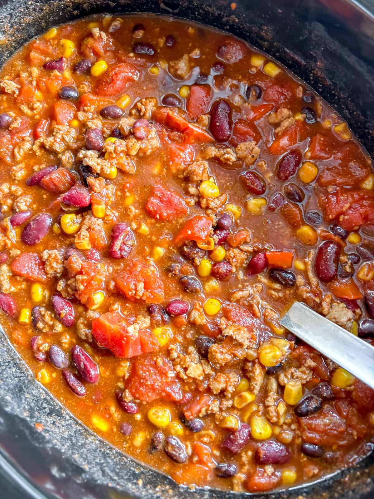 Slow cooker turkey chili after cooking.