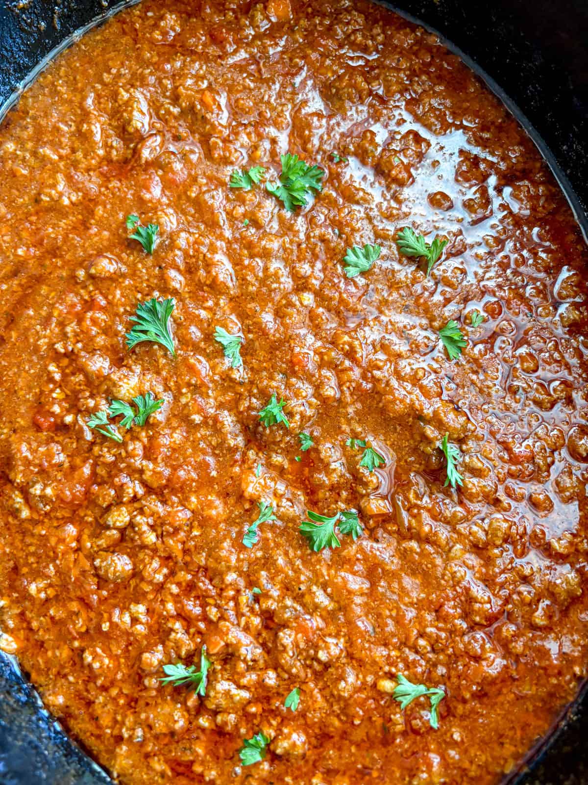 The slow cooker meat sauce after to cooking.