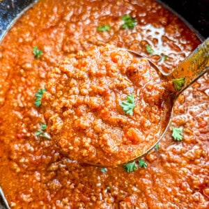Spaghetti Sauce with Ground Beef in a slow cooker.