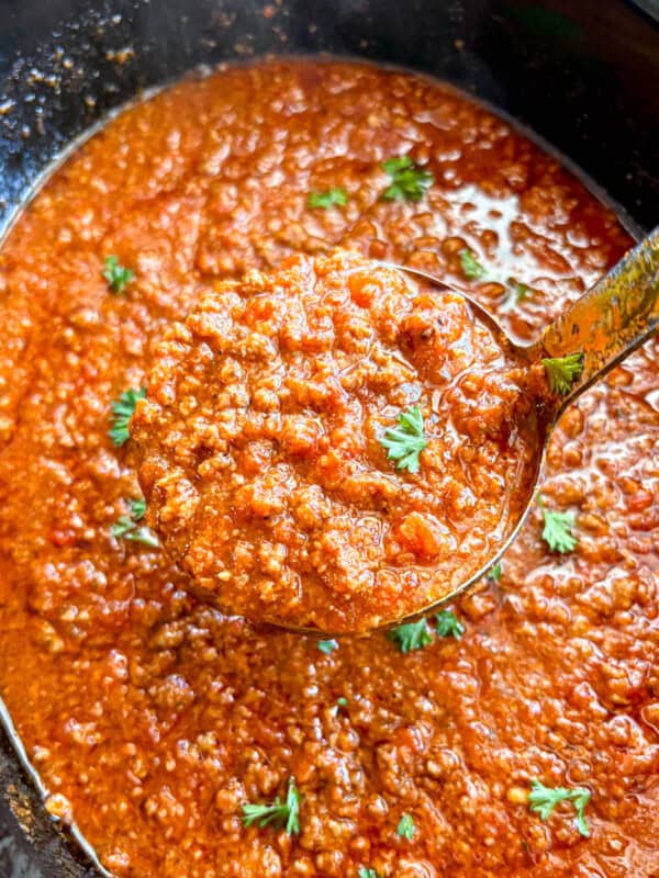 Spaghetti Sauce with Ground Beef in a slow cooker.