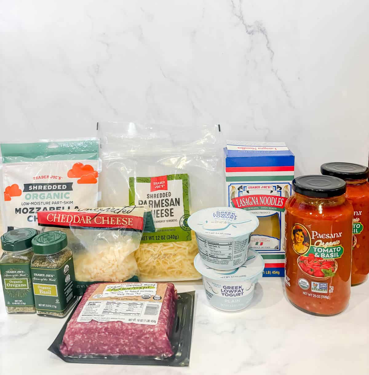 Ingredients needed to make no boil noodle lasagna with greek yogurt.
