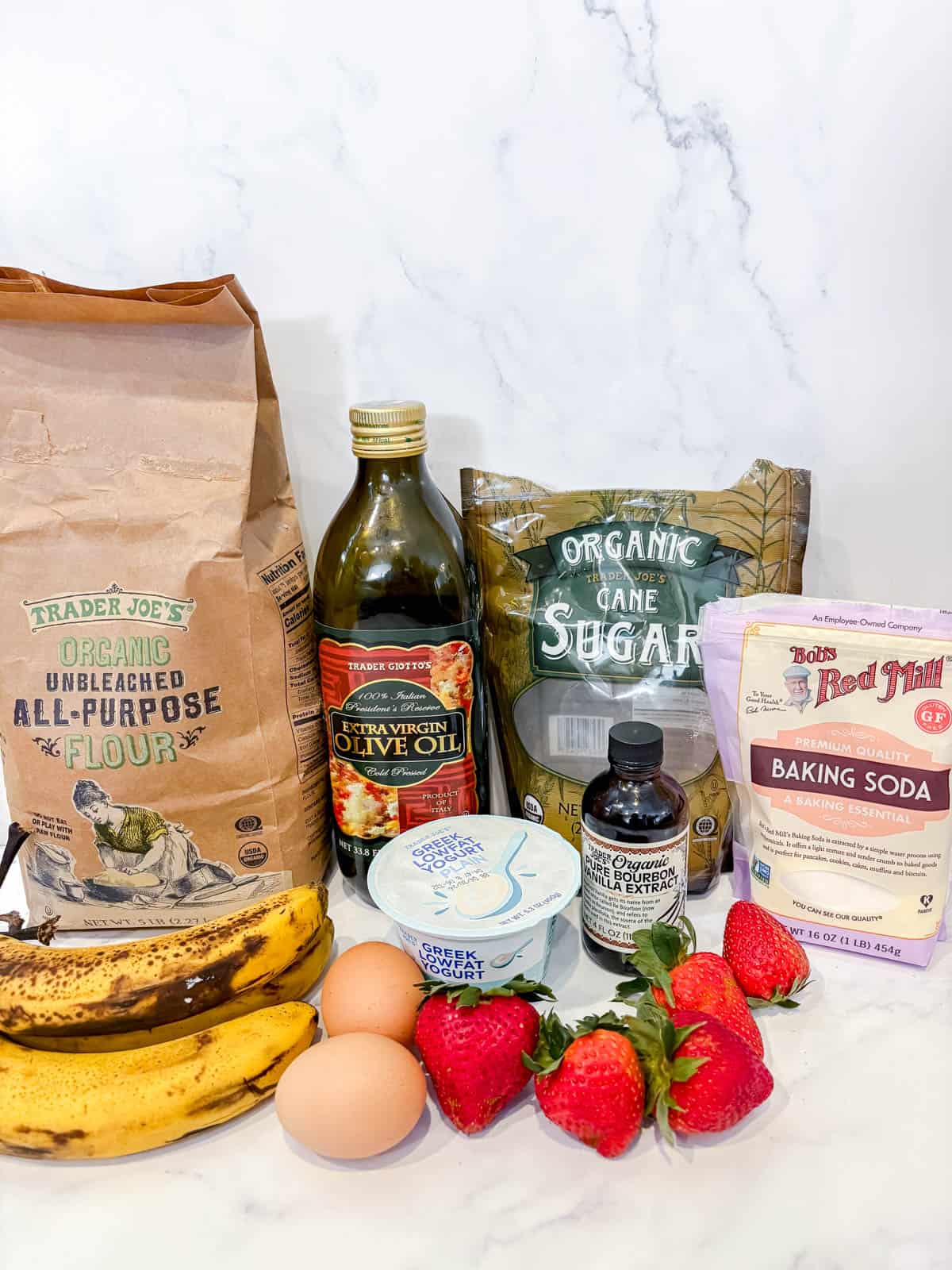 Ingredients needed to make strawberry banana bread.