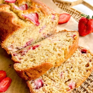 Slices of Strawberry Banana Bread on a plate.
