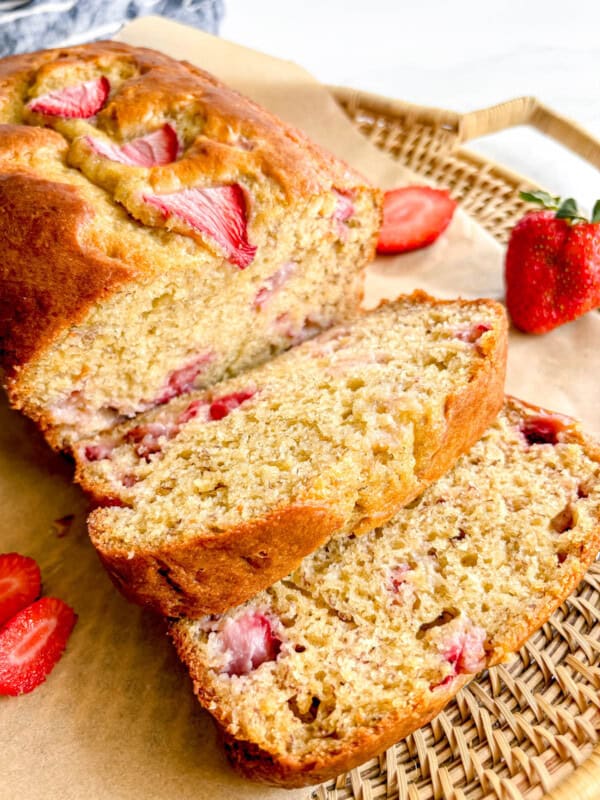 Slices of Strawberry Banana Bread on a plate.