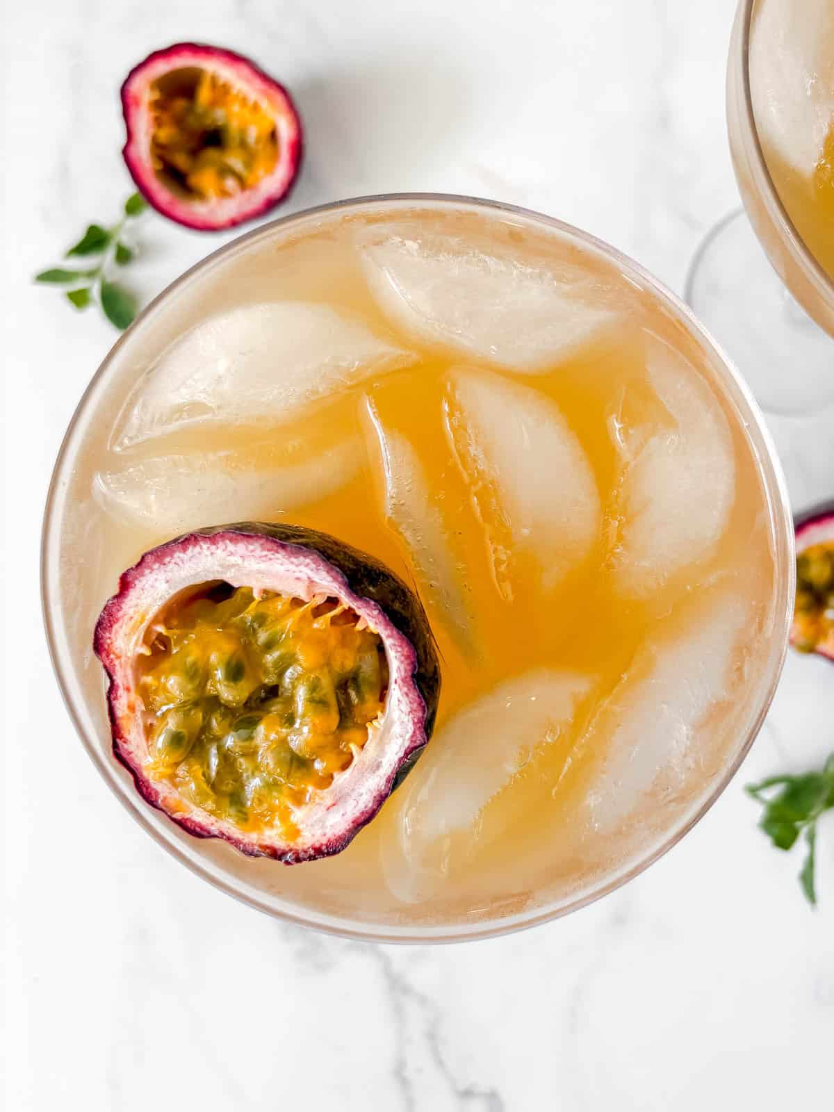 Bird's eye view of passion fruit juice cocktail.