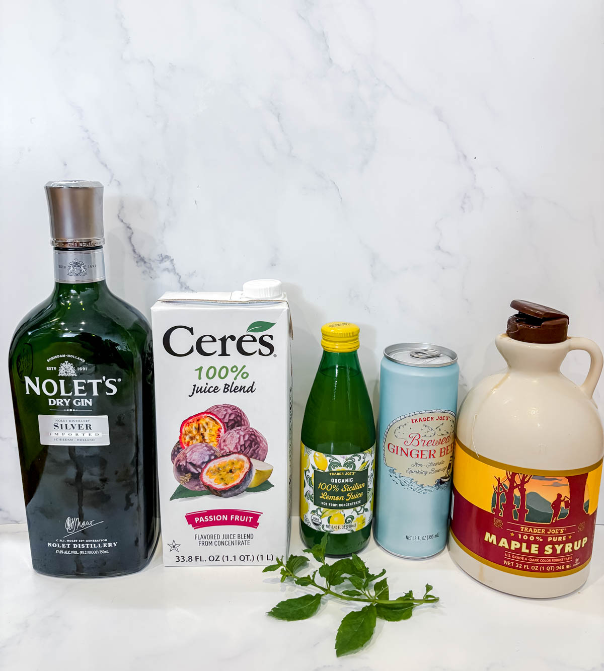 Ingredients needed to make this passion fruit gin cocktail.