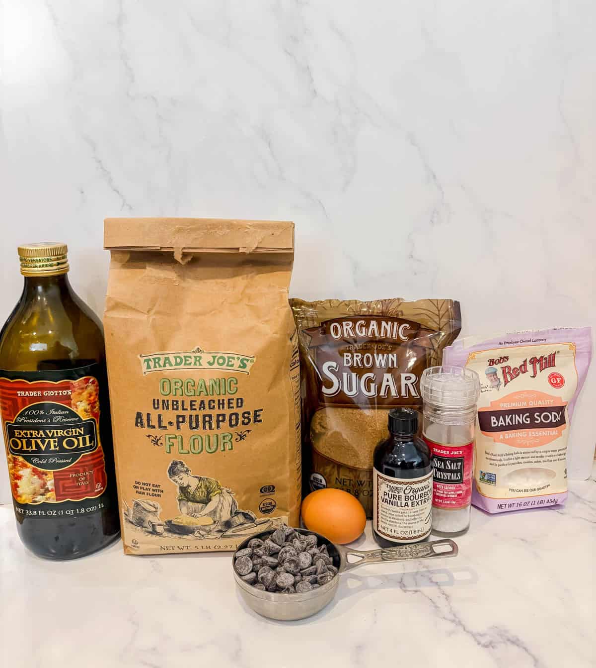 Ingredients needed to make small batch chocolate chip cookies.