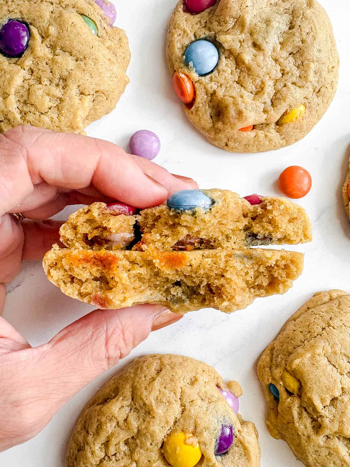 Chocolate chip cookie cut in half.