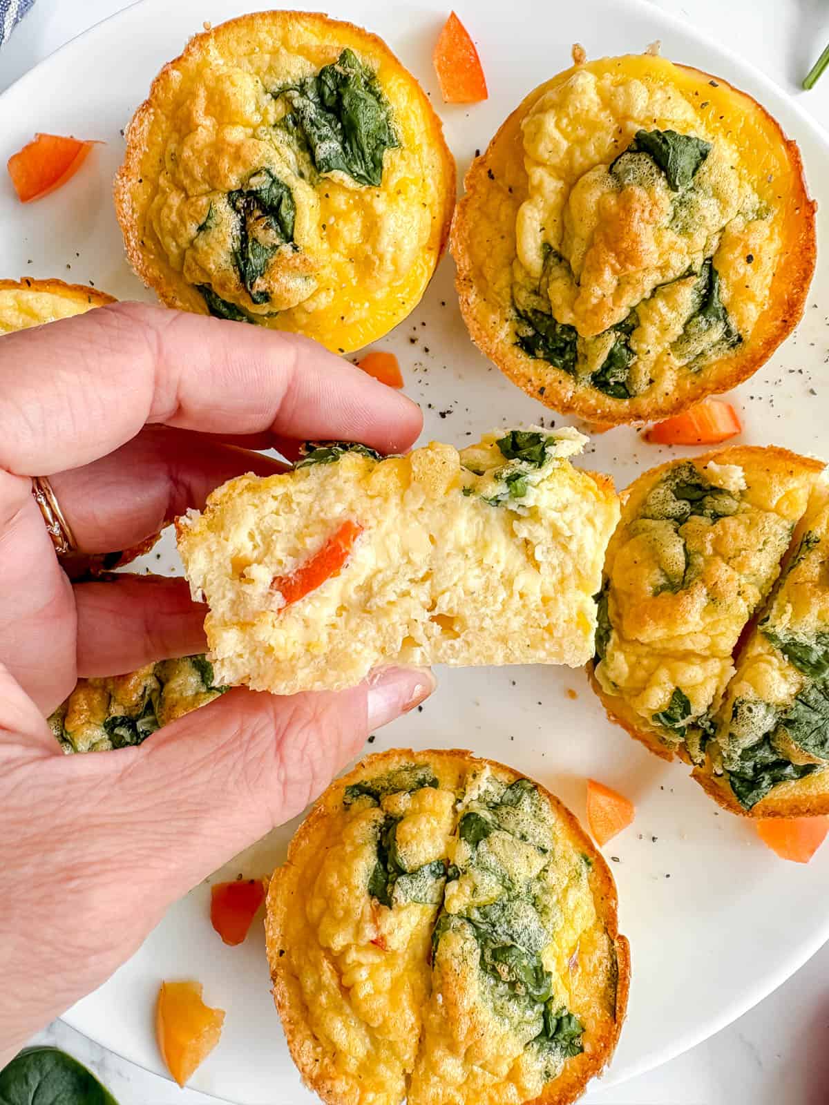 High protein egg bites with spinach and red peppers in hand.