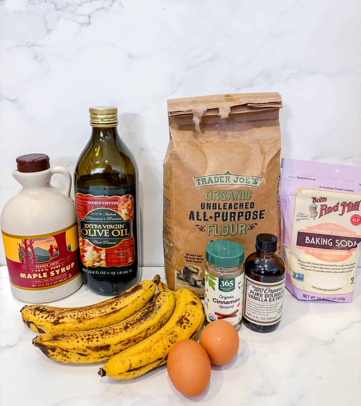 Ingredients for homemade maple banana bread.