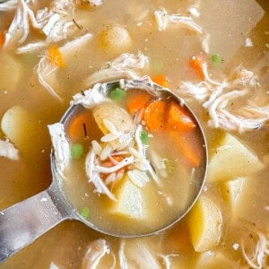 Chicken Soup with Potatoes and Orzo in a crockpot after cooking.