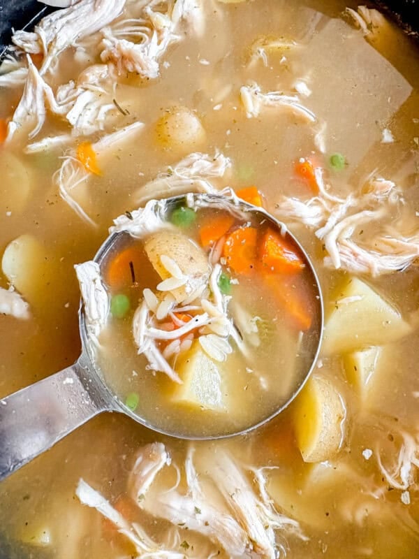 Chicken Soup with Potatoes and Orzo in a crockpot after cooking.